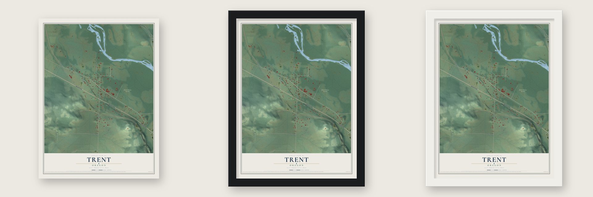 Trent, Oregon map unframed, in a black wood frame and in a white wood frame
