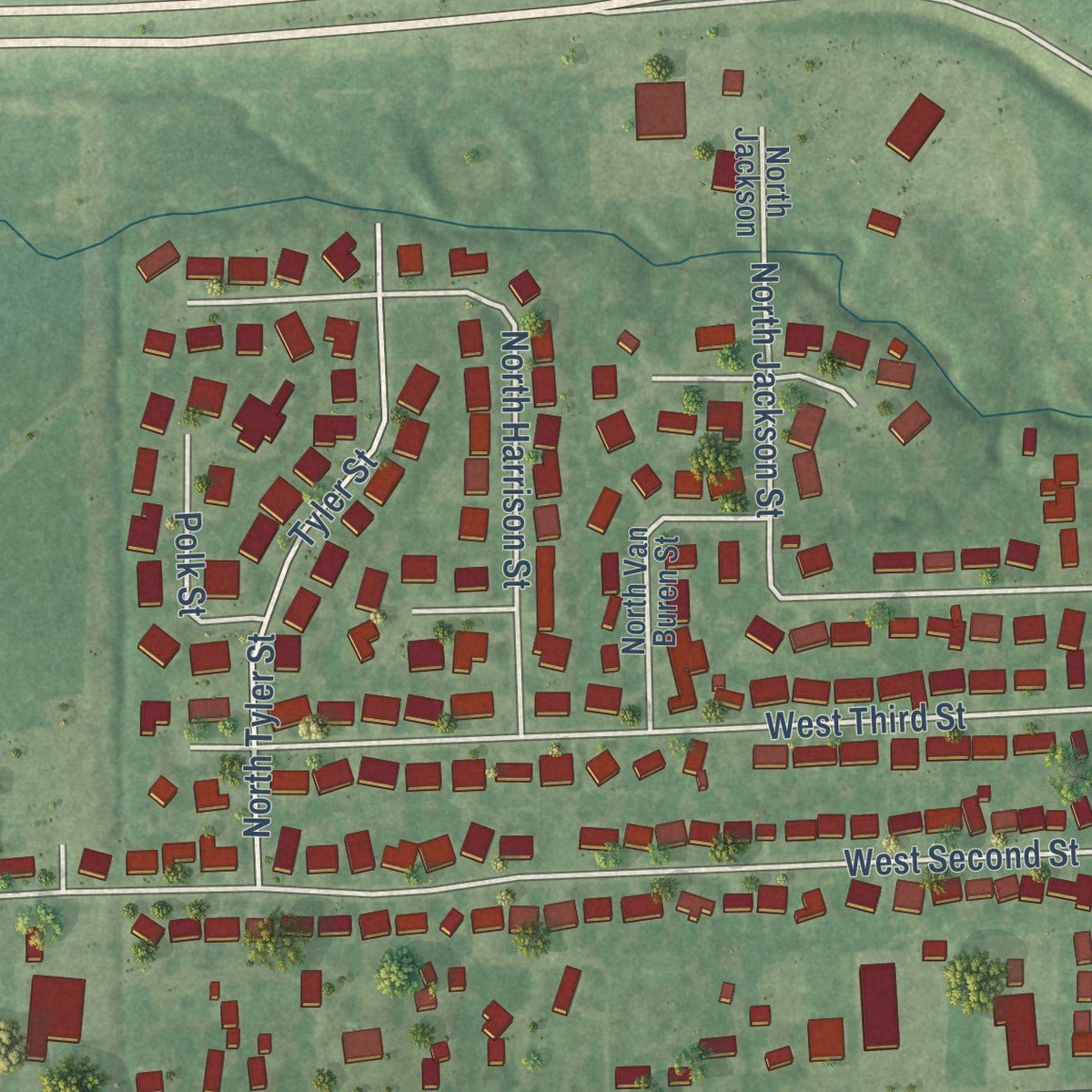 Second close-up of the map of Trenton, Illinois print showing more streets and buildings