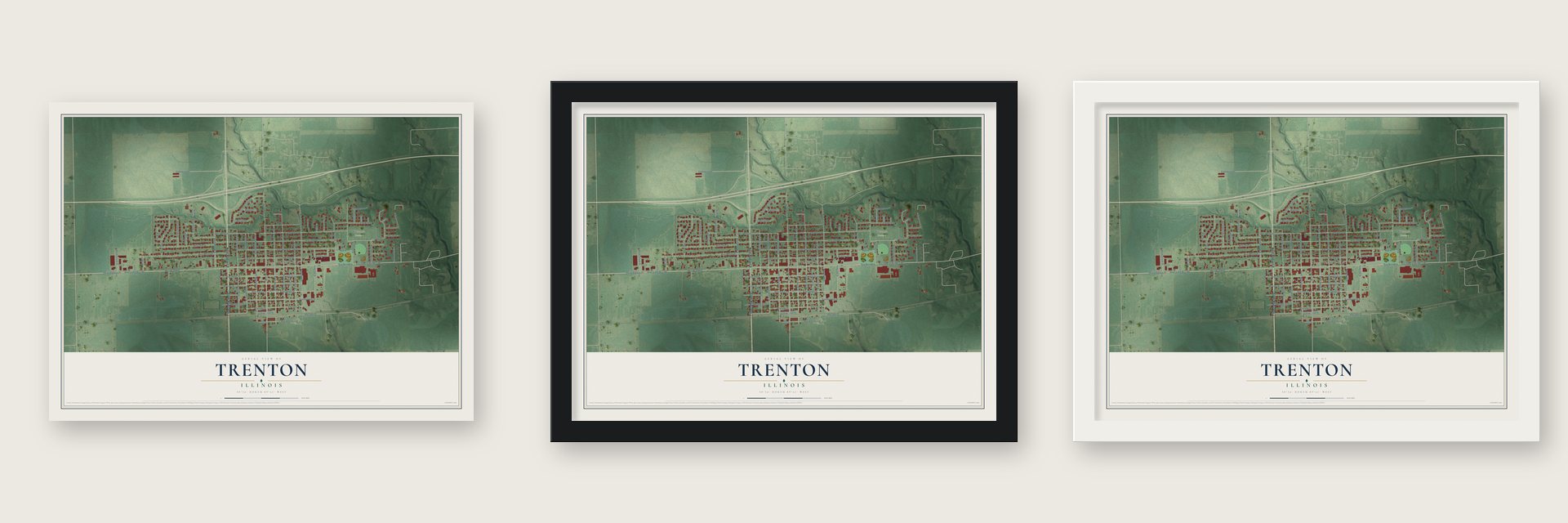 Trenton, Illinois map unframed, in a black wood frame and in a white wood frame