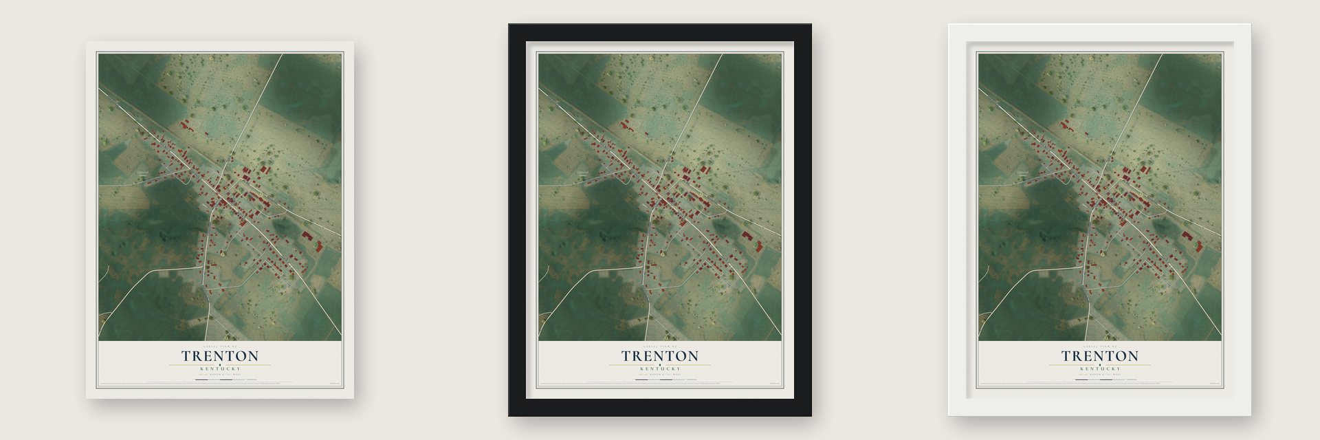 Trenton, Kentucky map unframed, in a black wood frame and in a white wood frame