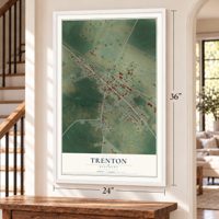 Trenton, Kentucky map, 24 x 36 inch print in a white frame by a staircase