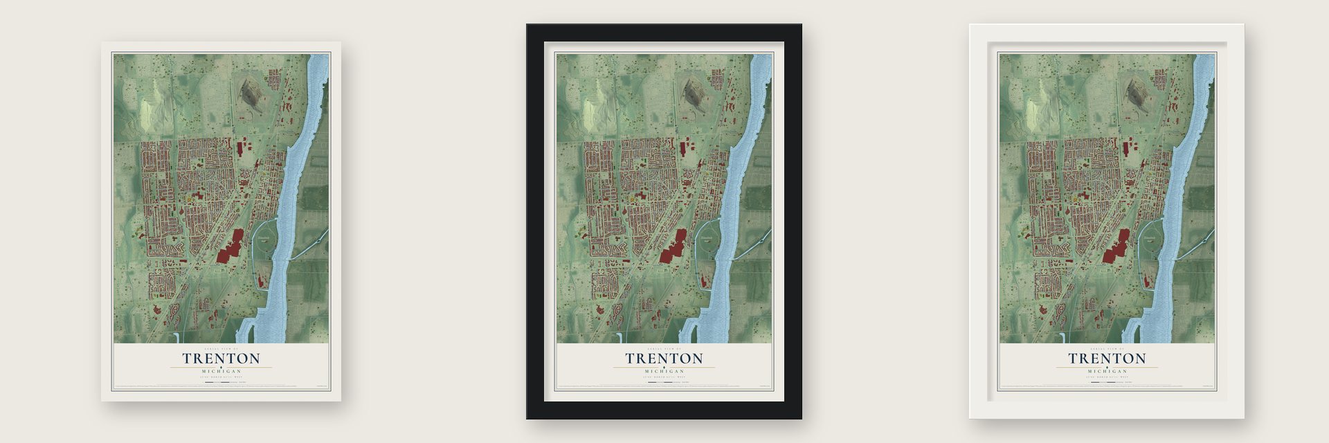 Trenton, Michigan map unframed, in a black wood frame and in a white wood frame