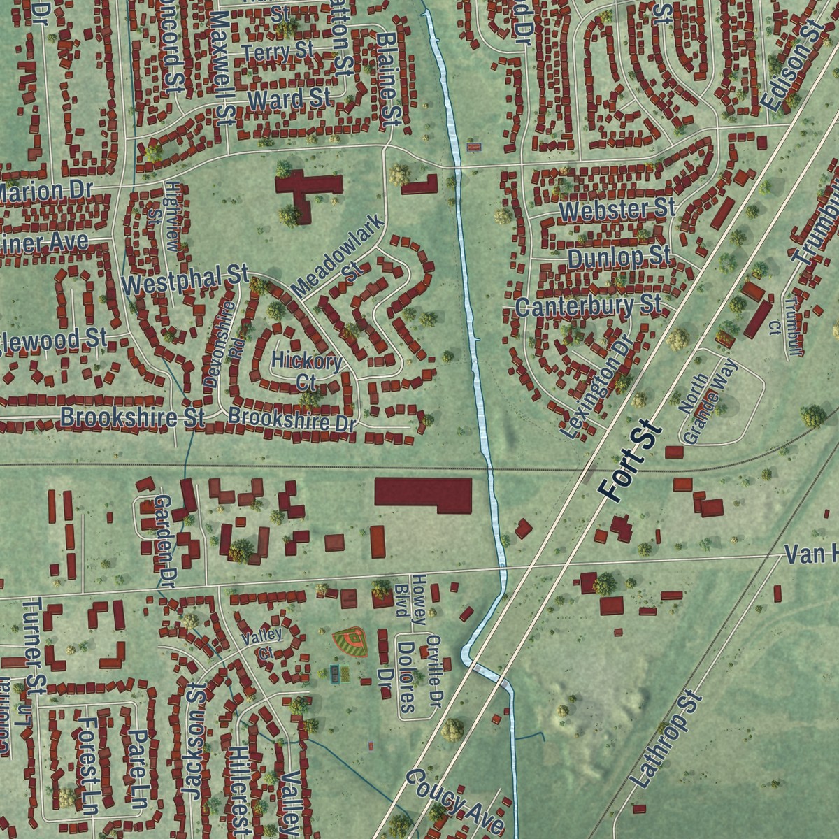 Second close-up of the map of Trenton, Michigan print showing more streets and buildings