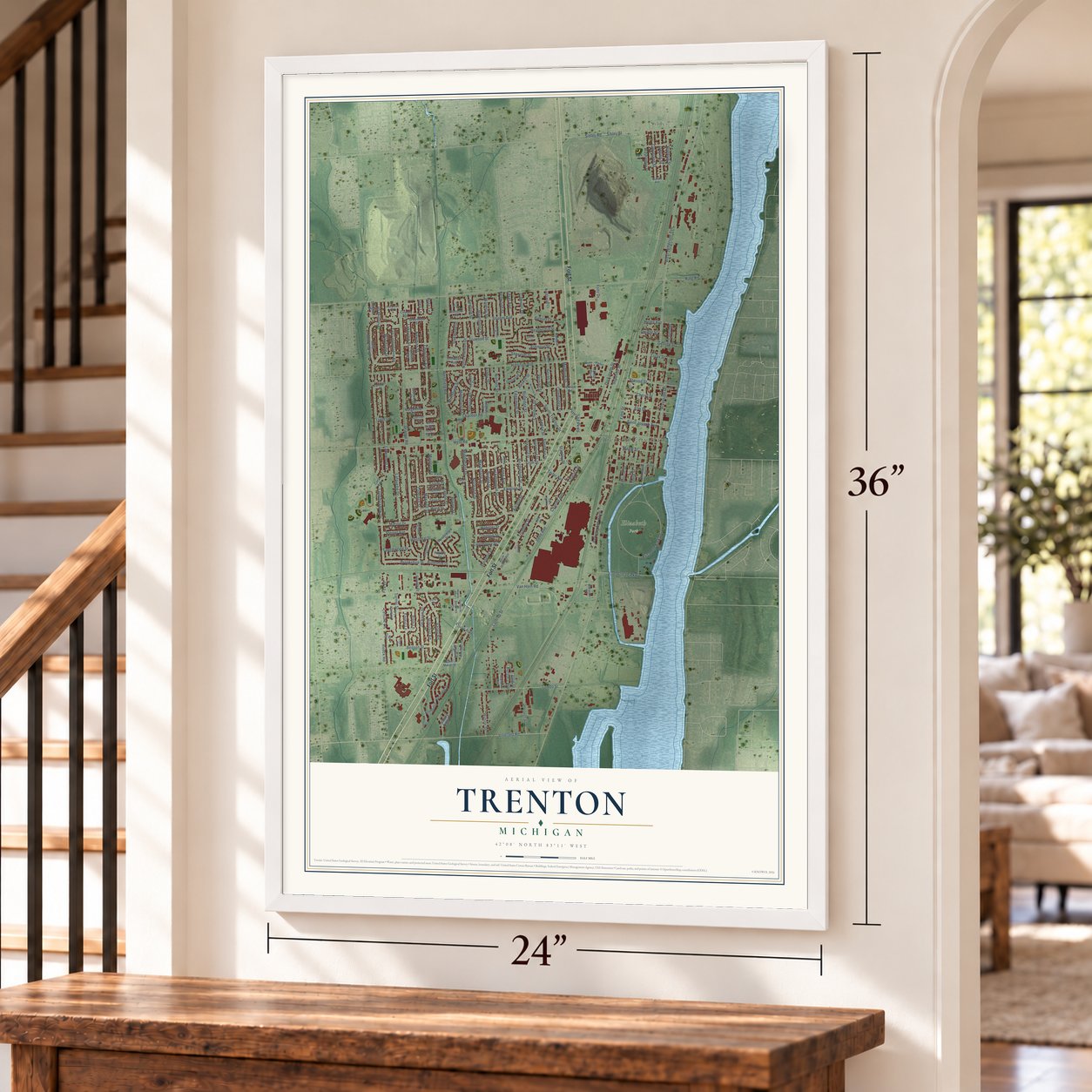 Trenton, Michigan map, 24 x 36 inch print in a white frame by a staircase