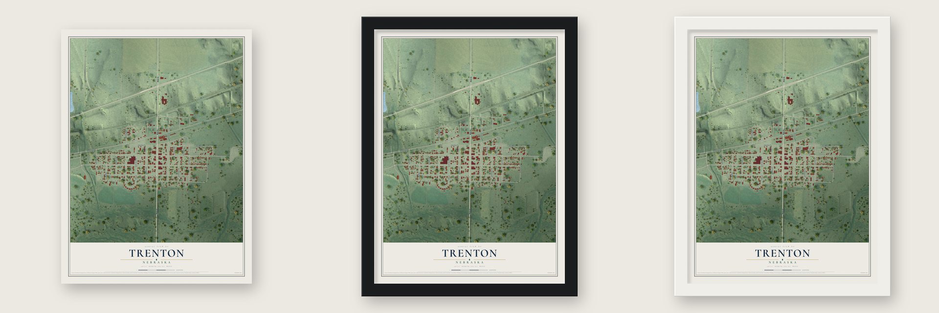 Trenton, Nebraska map unframed, in a black wood frame and in a white wood frame