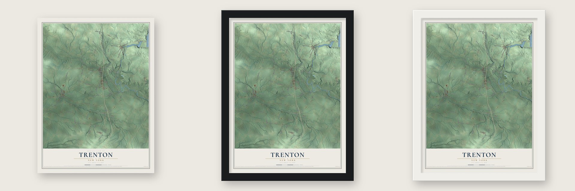 Trenton, New York map unframed, in a black wood frame and in a white wood frame