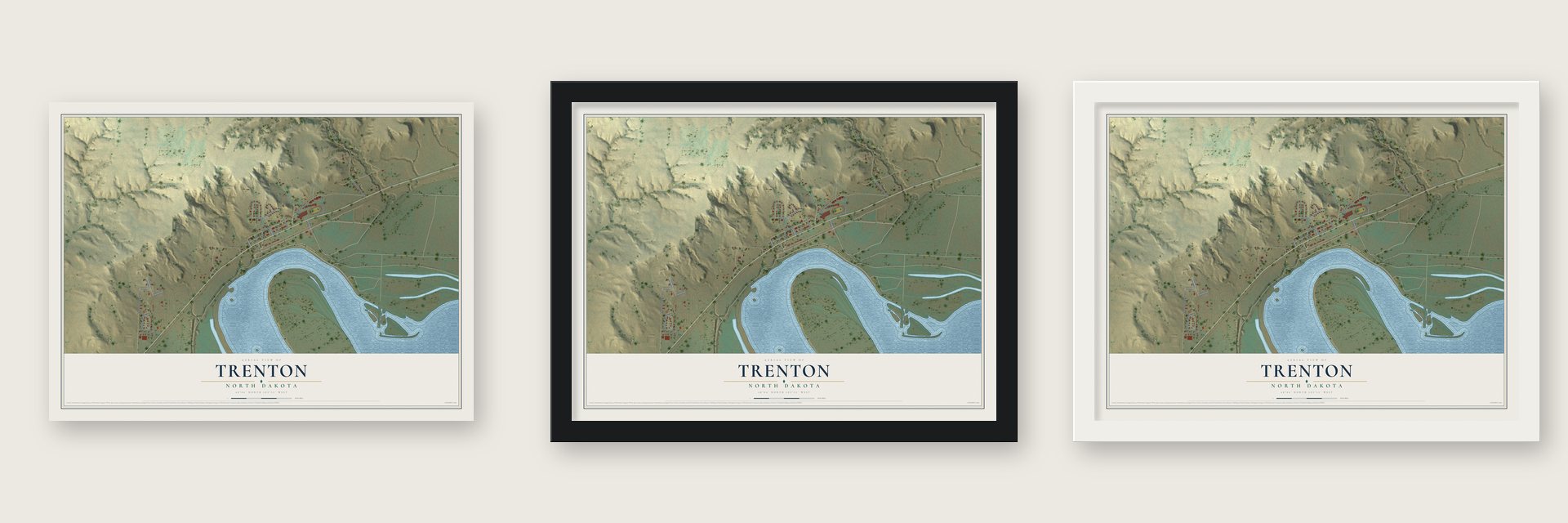 Trenton, North Dakota map unframed, in a black wood frame and in a white wood frame