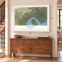 Trenton, North Dakota map, 24 x 36 inch print in a white frame above a dresser by a staircase