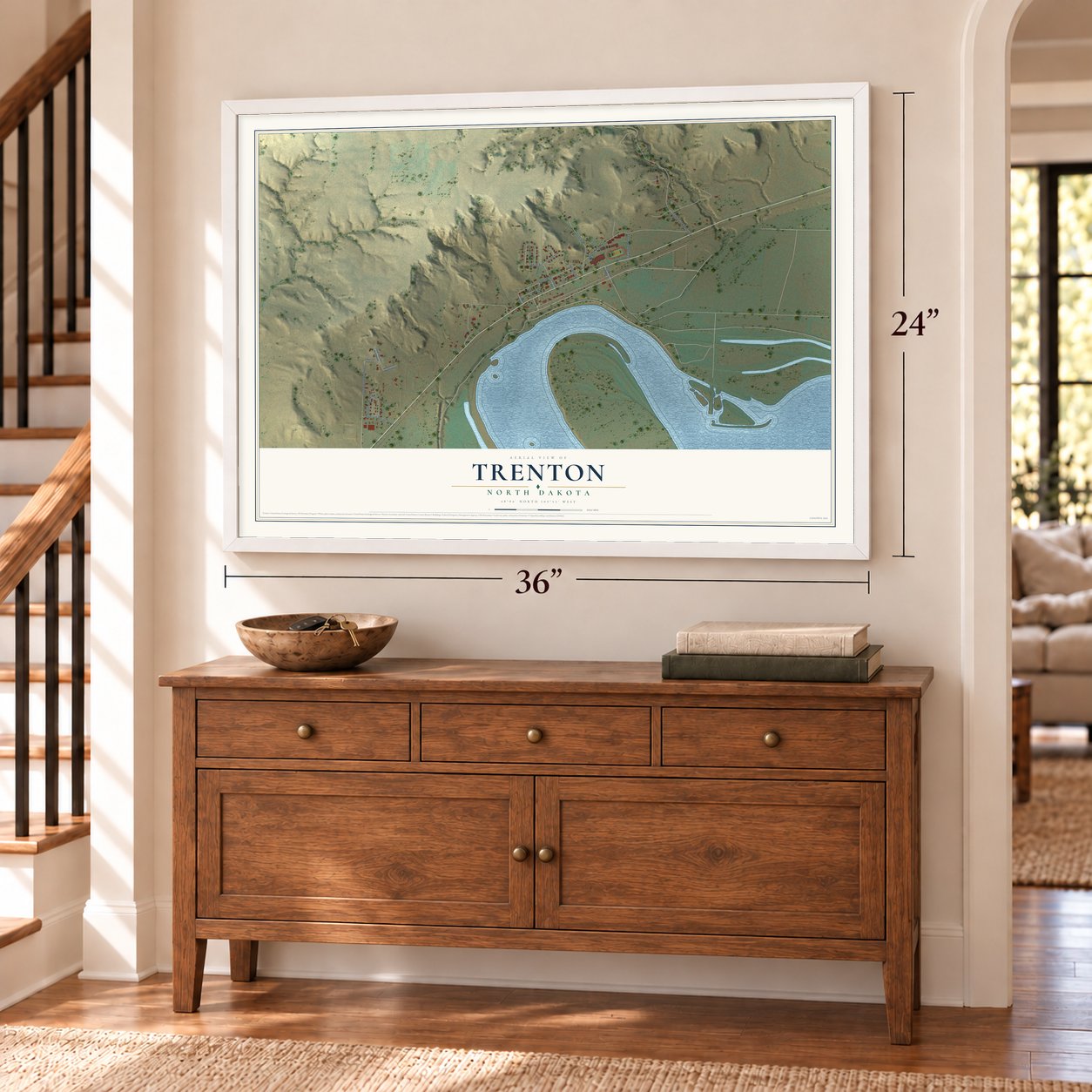 Trenton, North Dakota map, 24 x 36 inch print in a white frame above a dresser by a staircase
