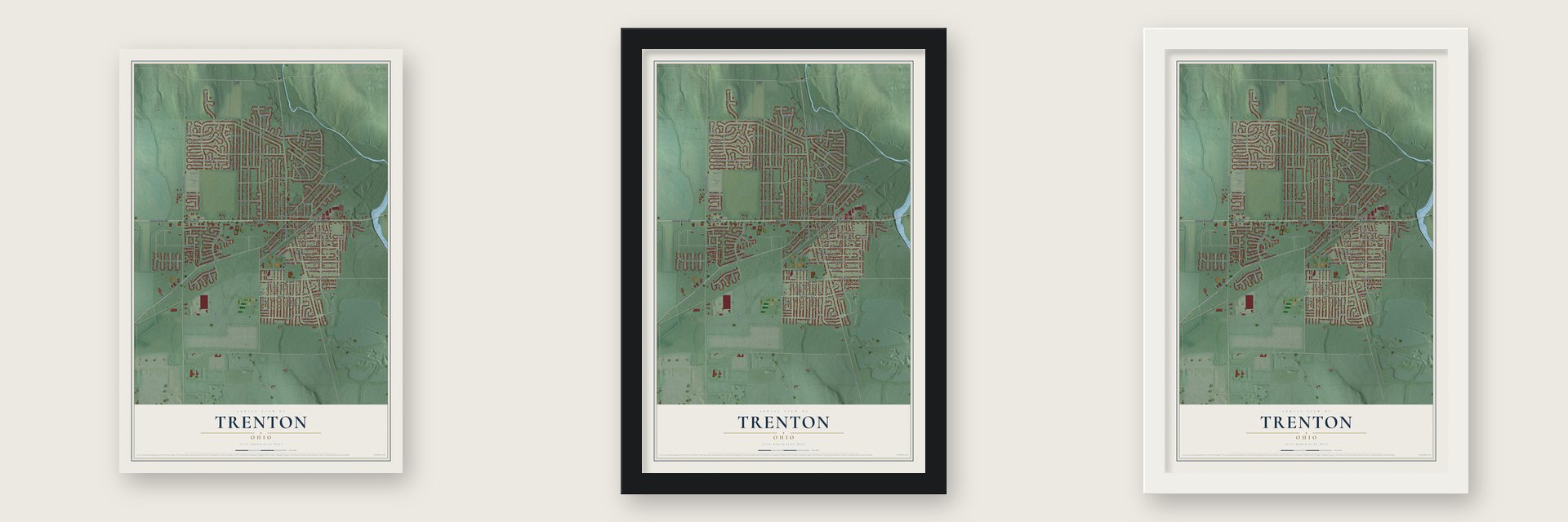 Trenton, Ohio map unframed, in a black wood frame and in a white wood frame