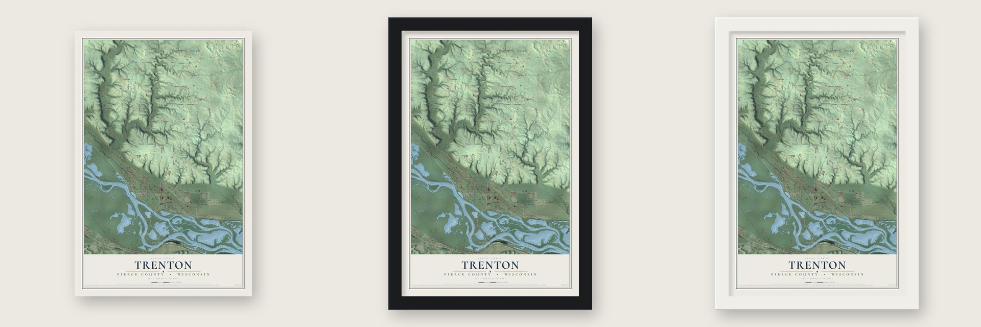 Trenton, Pierce County, Wisconsin map unframed, in a black wood frame and in a white wood frame