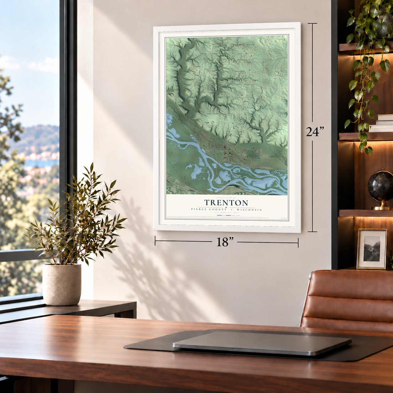 Trenton, Pierce County, Wisconsin map, 18 x 24 inch print in a white frame in a home office