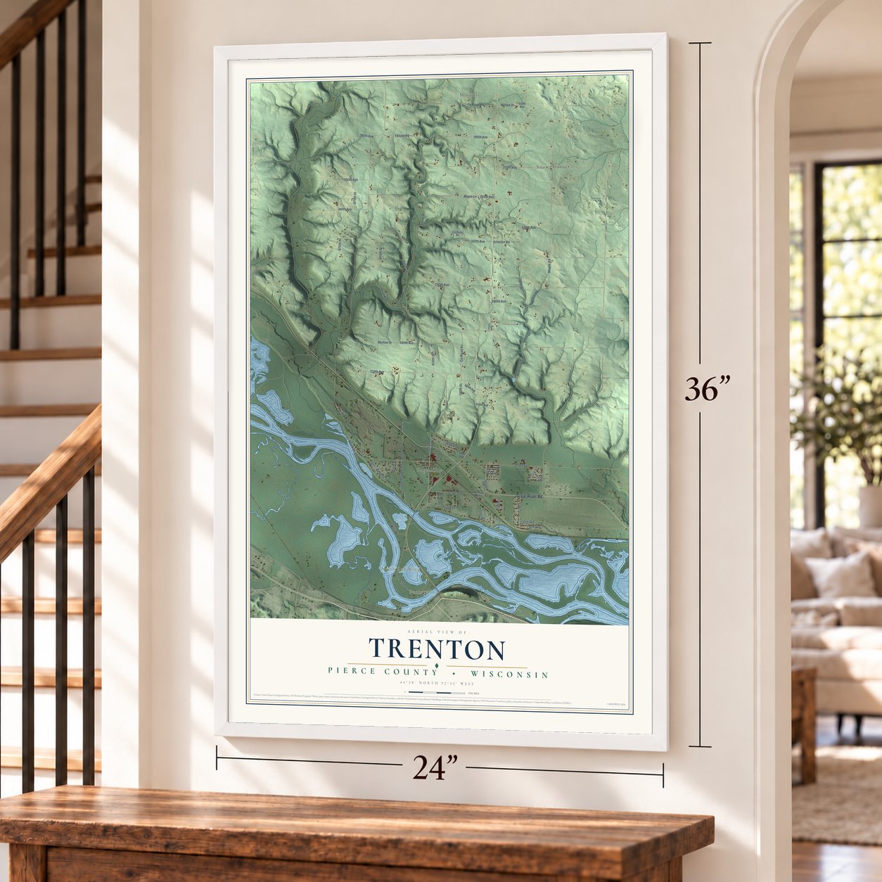Trenton, Pierce County, Wisconsin map, 24 x 36 inch print in a white frame by a staircase