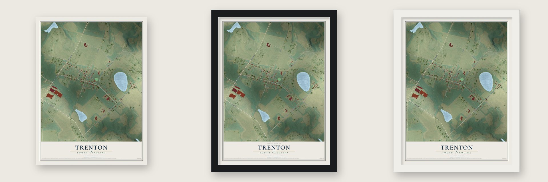Trenton, South Carolina map unframed, in a black wood frame and in a white wood frame