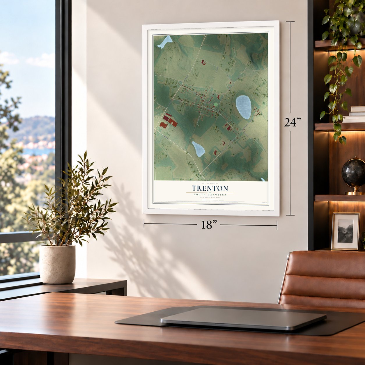 Trenton, South Carolina map, 18 x 24 inch print in a white frame in a home office