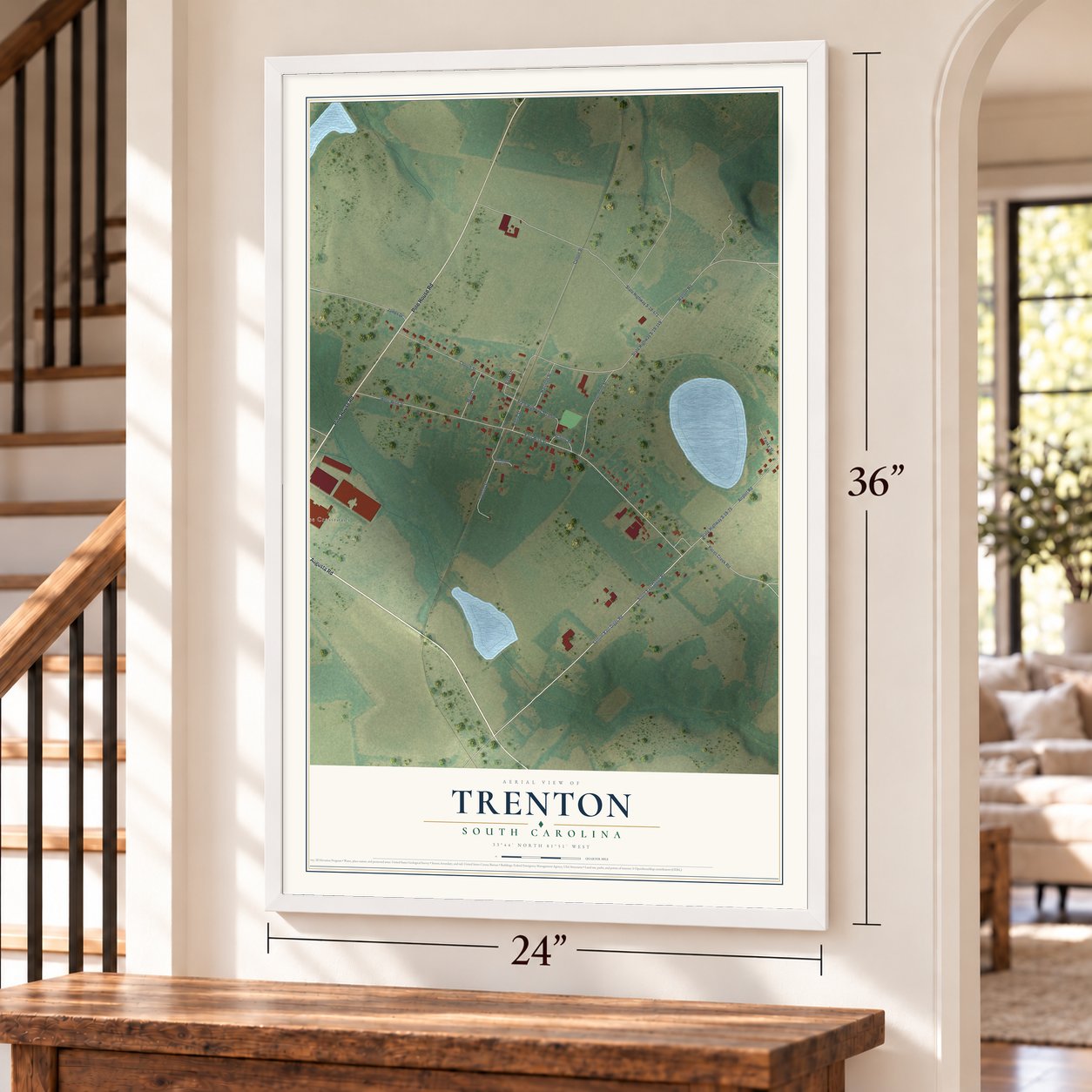 Trenton, South Carolina map, 24 x 36 inch print in a white frame by a staircase