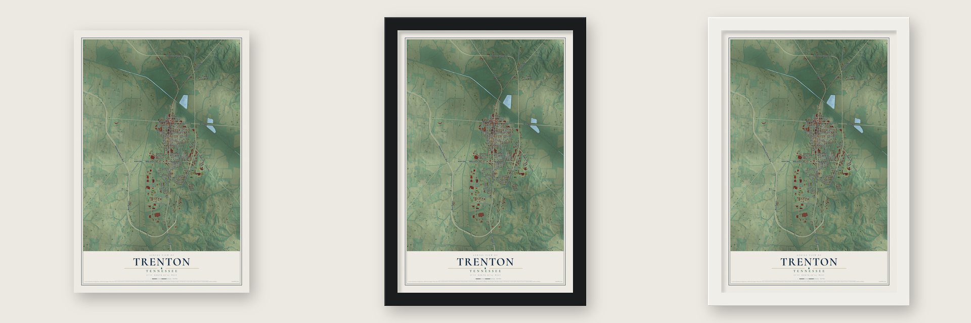 Trenton, Tennessee map unframed, in a black wood frame and in a white wood frame