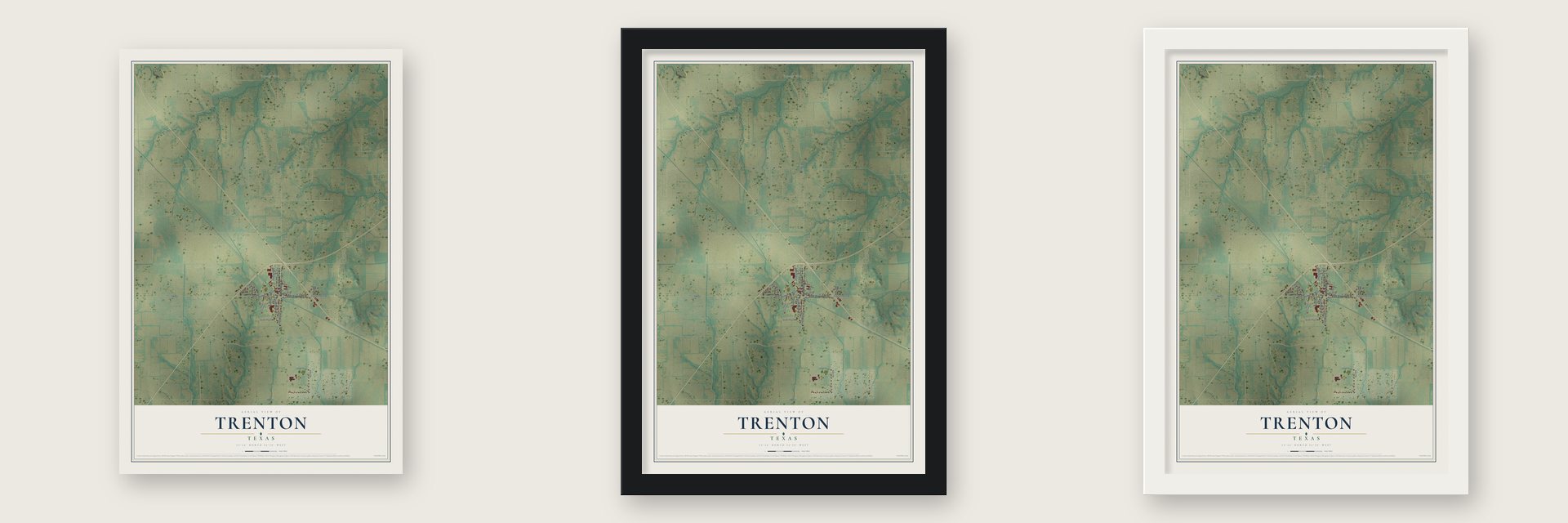 Trenton, Texas map unframed, in a black wood frame and in a white wood frame