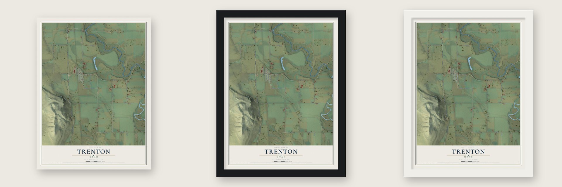 Trenton, Utah map unframed, in a black wood frame and in a white wood frame