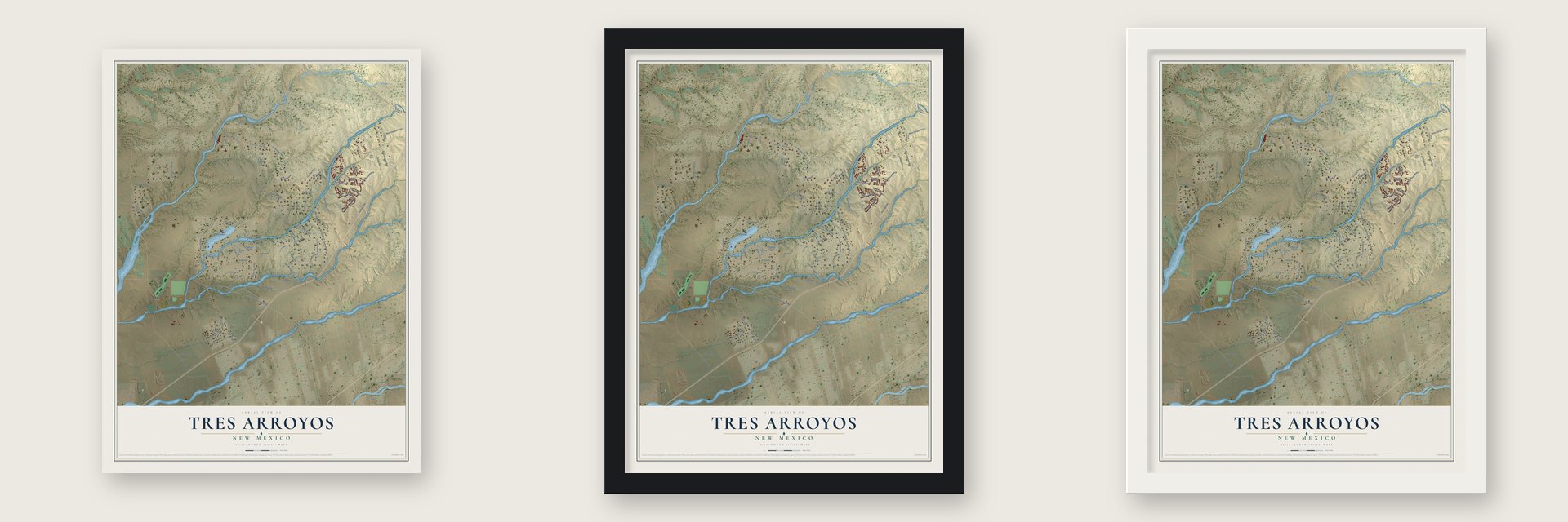 Tres Arroyos, New Mexico map unframed, in a black wood frame and in a white wood frame
