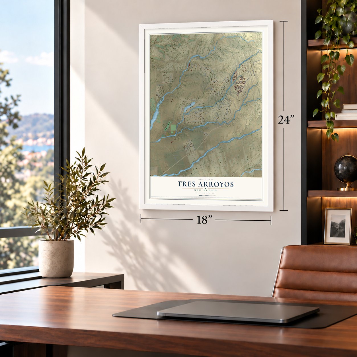 Tres Arroyos, New Mexico map, 18 x 24 inch print in a white frame in a home office