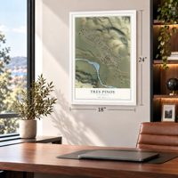 Tres Pinos, California map, 18 x 24 inch print in a white frame in a home office