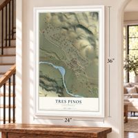 Tres Pinos, California map, 24 x 36 inch print in a white frame by a staircase