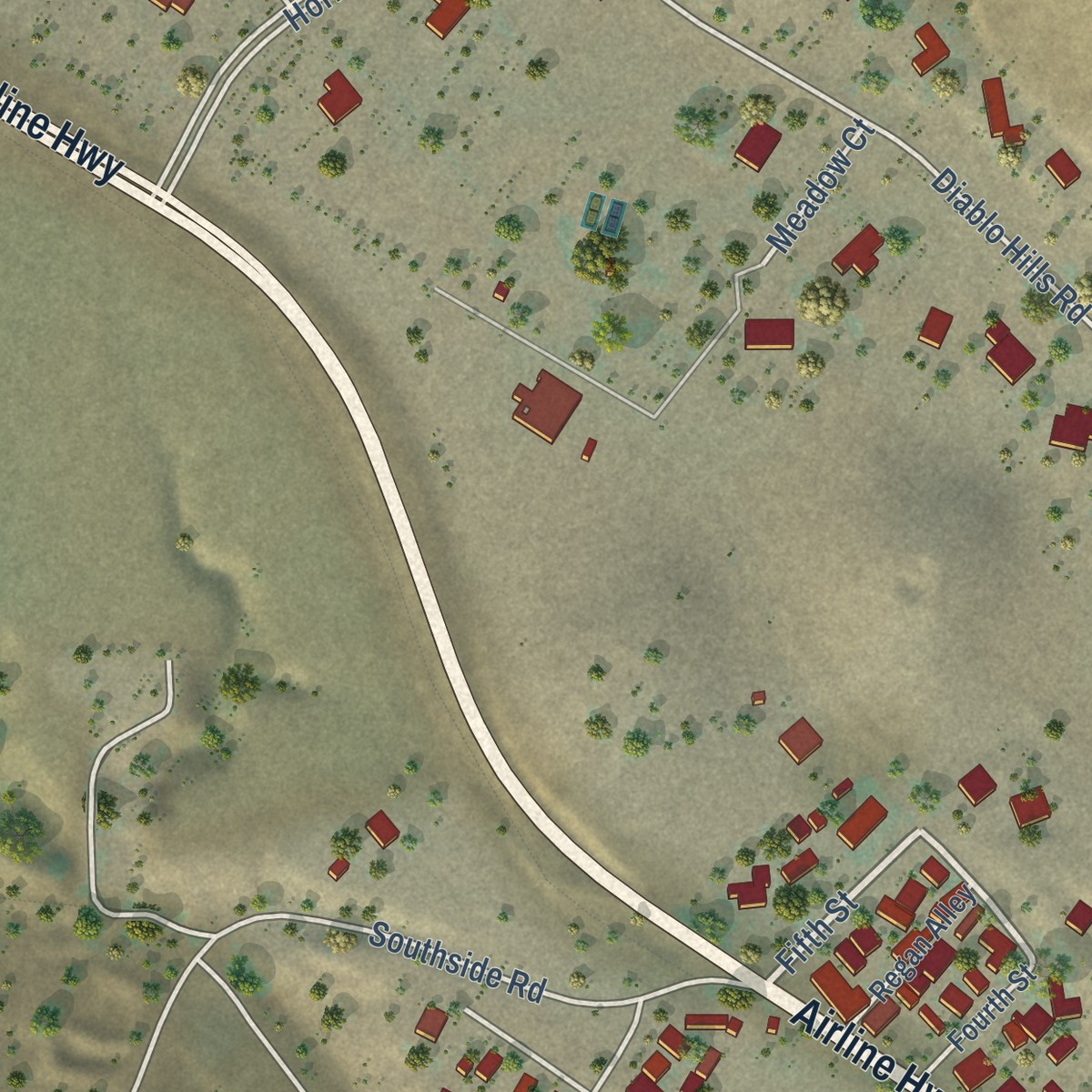 Second close-up of the map of Tres Pinos, California print showing more streets and buildings