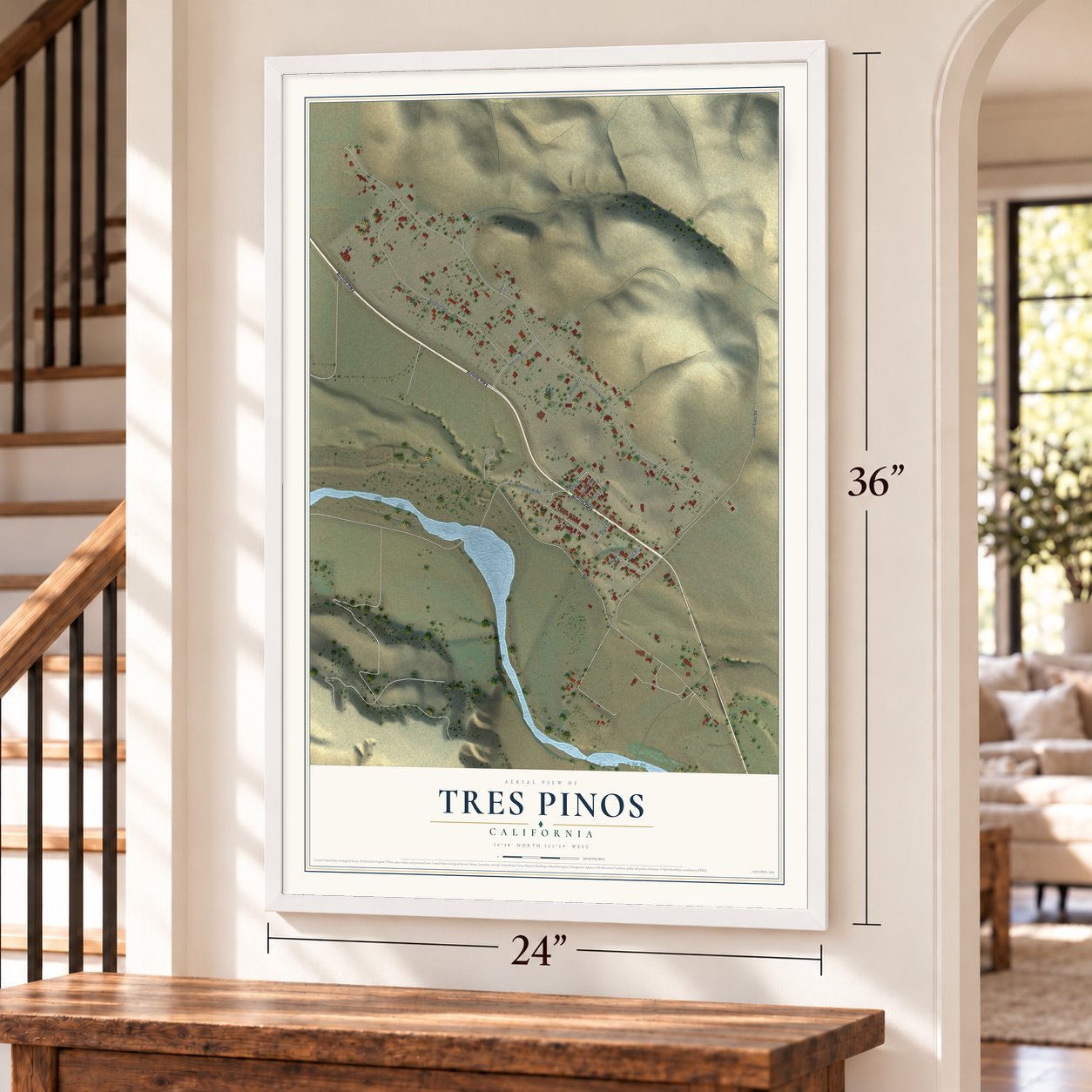 Tres Pinos, California map, 24 x 36 inch print in a white frame by a staircase