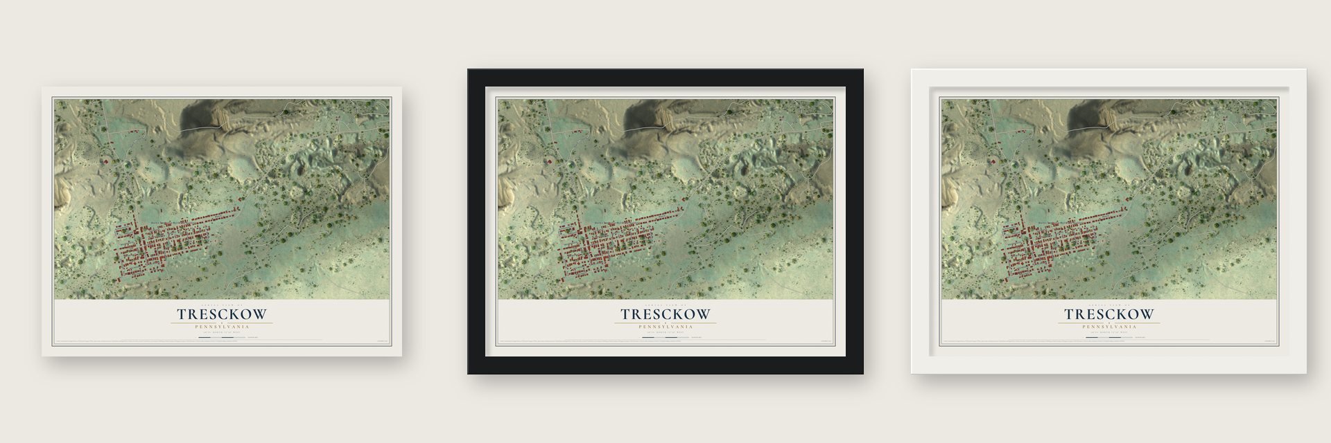 Tresckow, Pennsylvania map unframed, in a black wood frame and in a white wood frame