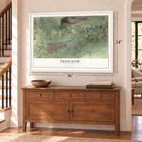 Tresckow, Pennsylvania map, 24 x 36 inch print in a white frame above a dresser by a staircase