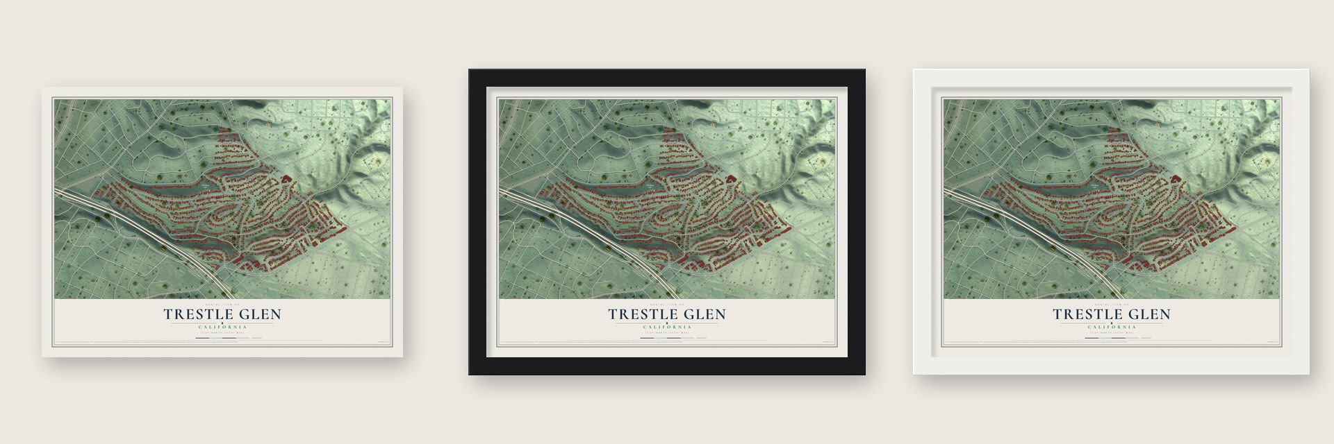 Trestle Glen, California map unframed, in a black wood frame and in a white wood frame