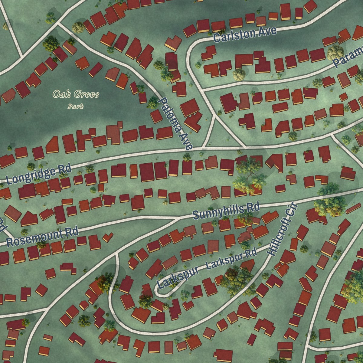 Second close-up of the map of Trestle Glen, California print showing more streets and buildings