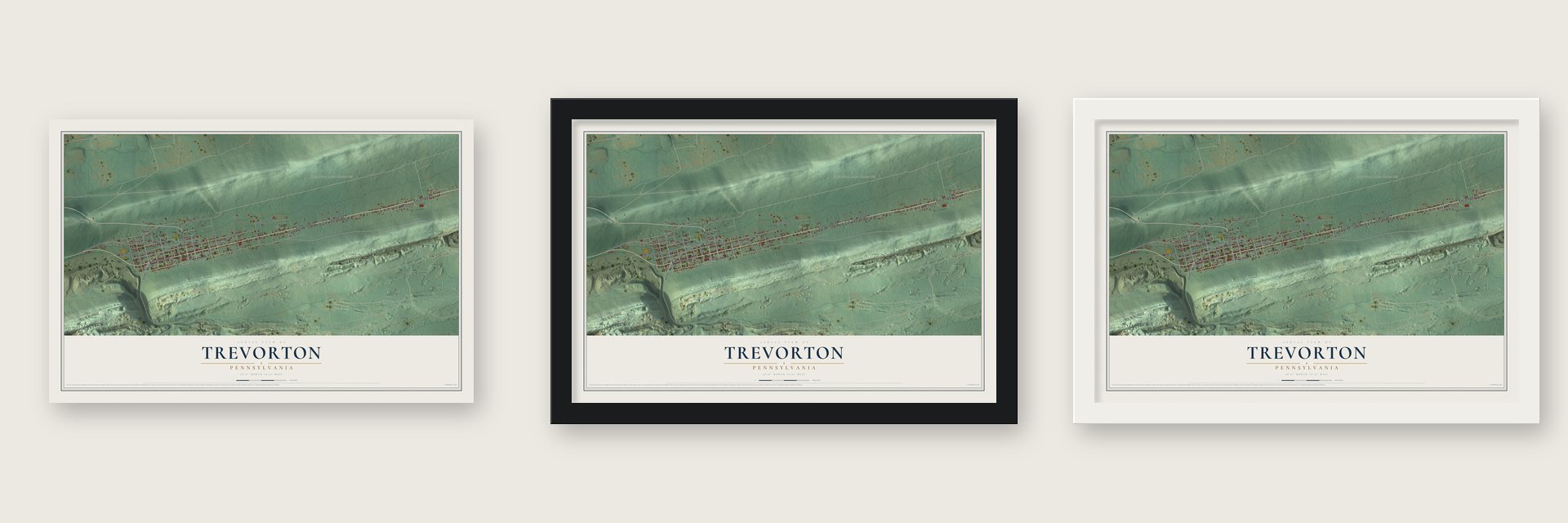 Trevorton, Pennsylvania map unframed, in a black wood frame and in a white wood frame