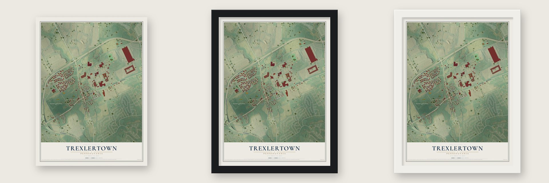 Trexlertown, Pennsylvania map unframed, in a black wood frame and in a white wood frame