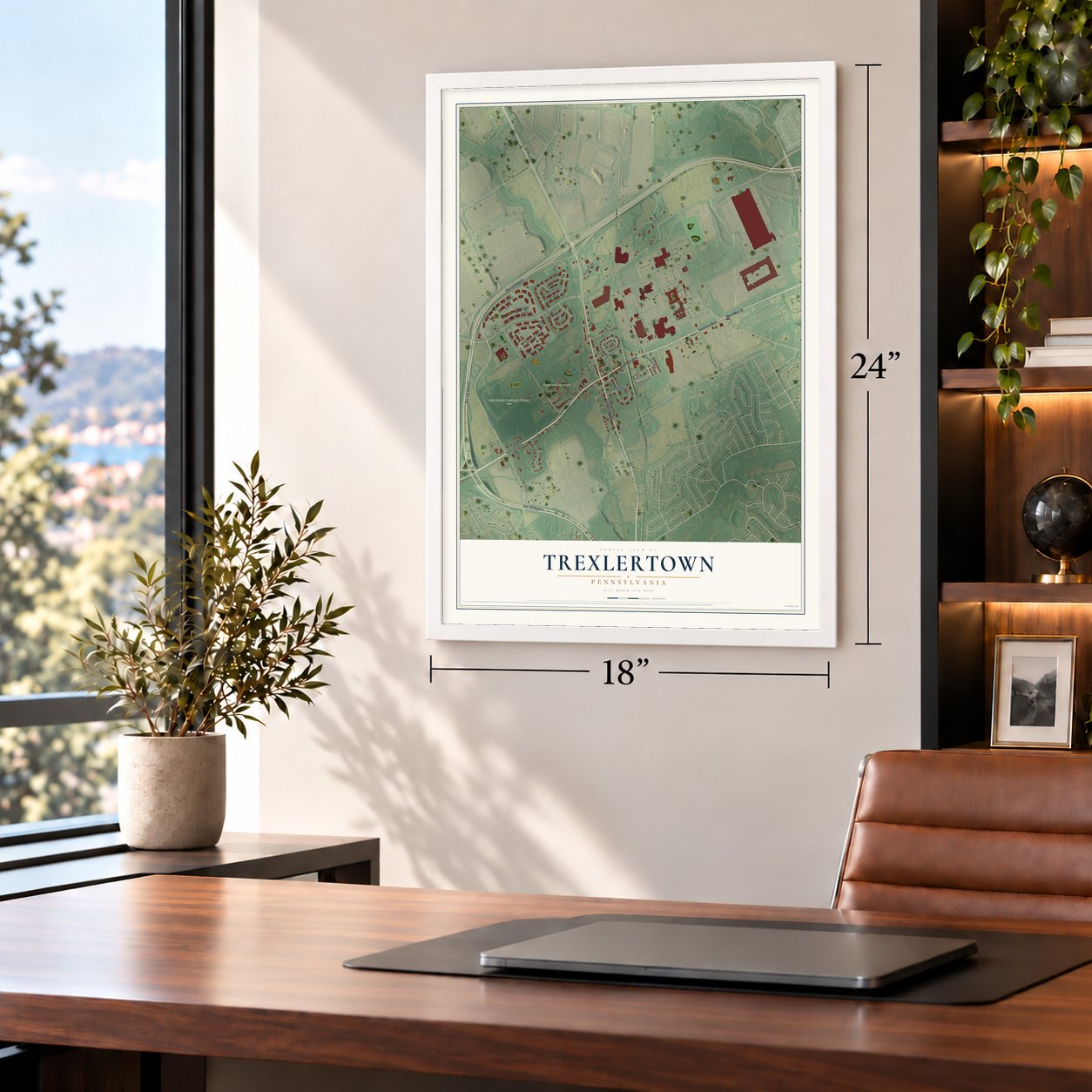 Trexlertown, Pennsylvania map, 18 x 24 inch print in a white frame in a home office