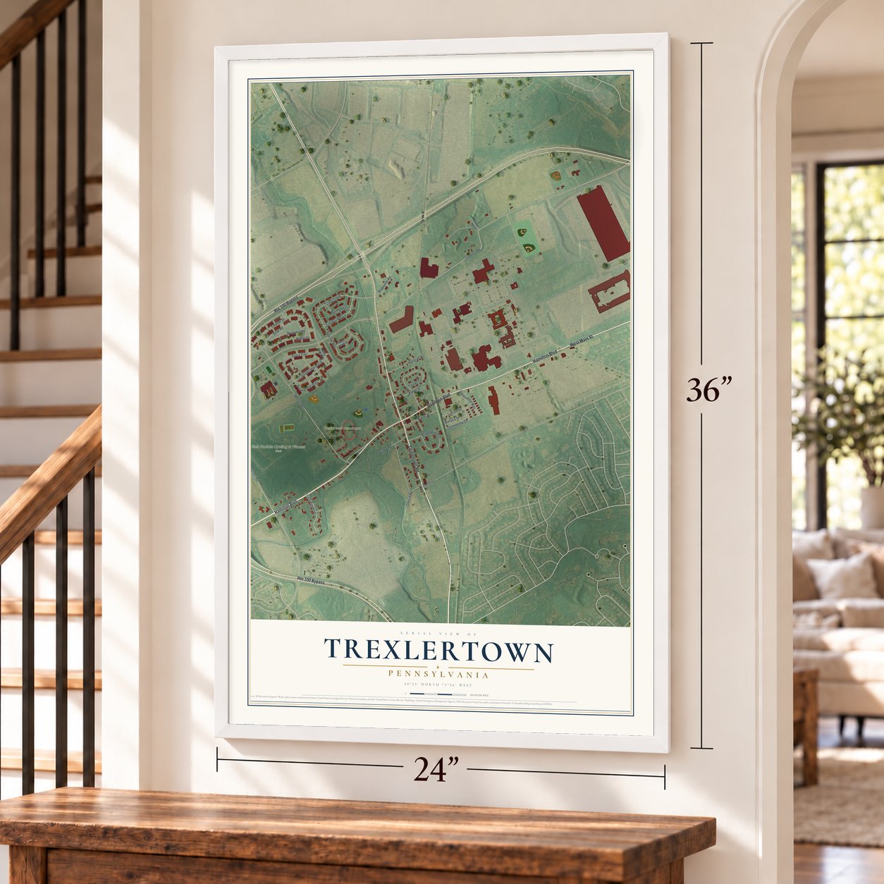 Trexlertown, Pennsylvania map, 24 x 36 inch print in a white frame by a staircase