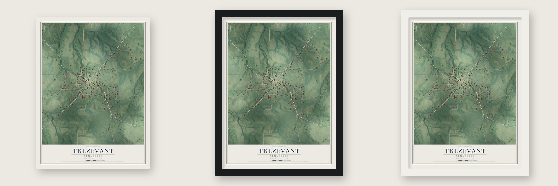 Trezevant, Tennessee map unframed, in a black wood frame and in a white wood frame