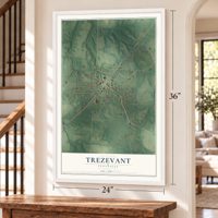 Trezevant, Tennessee map, 24 x 36 inch print in a white frame by a staircase
