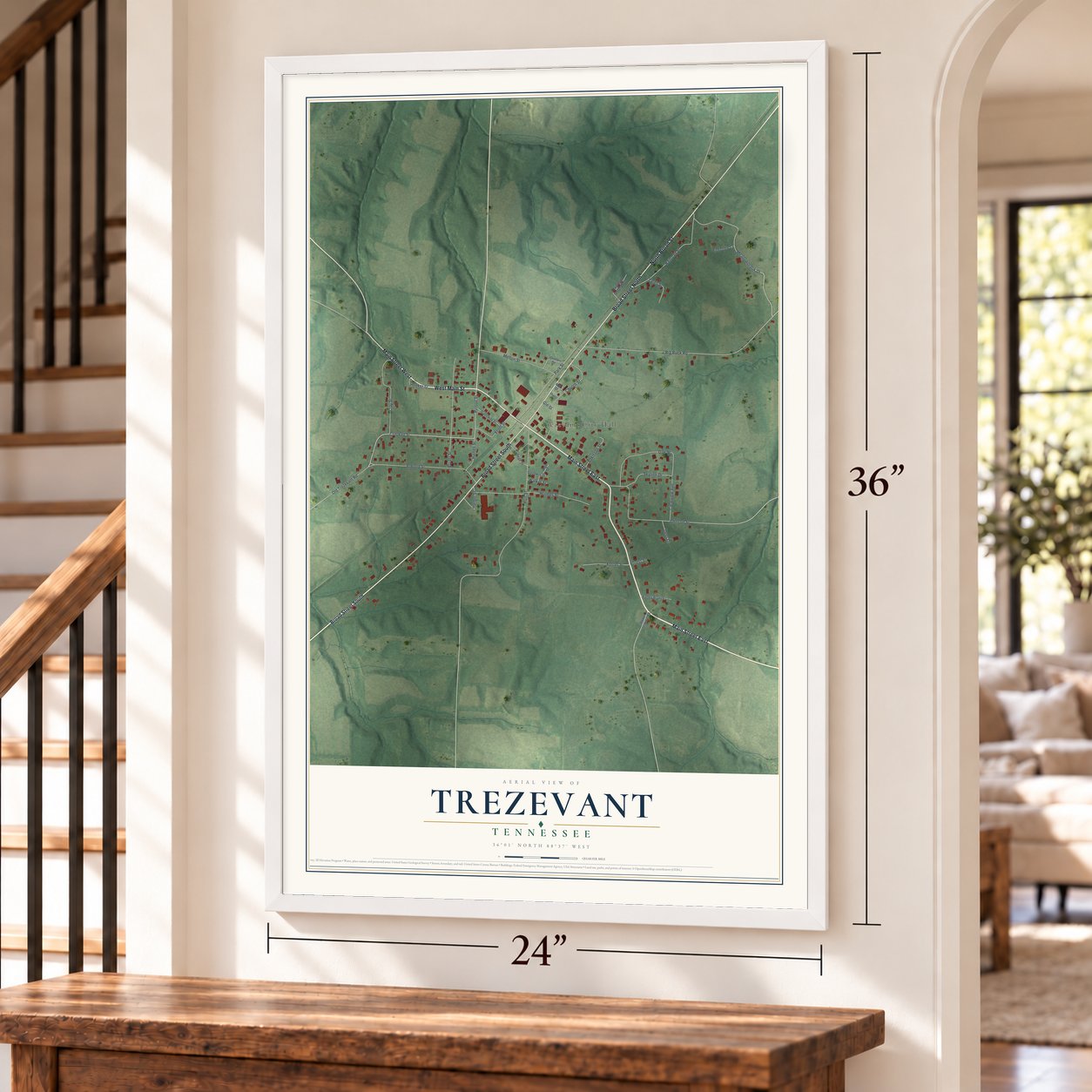 Trezevant, Tennessee map, 24 x 36 inch print in a white frame by a staircase