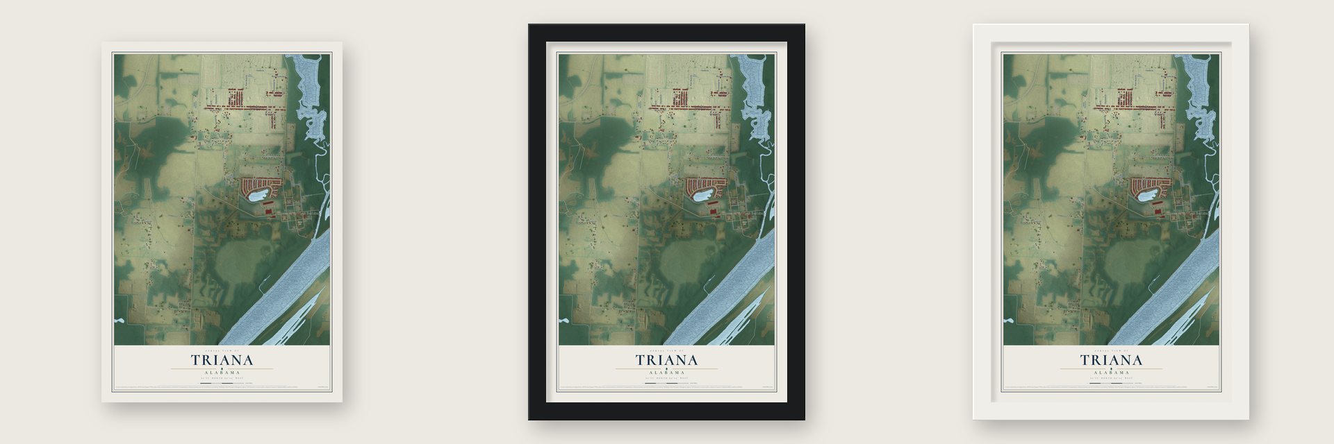 Triana, Alabama map unframed, in a black wood frame and in a white wood frame
