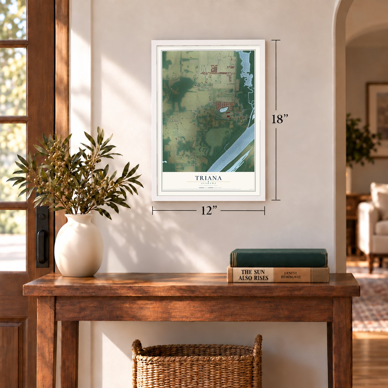 Triana, Alabama map, 12 x 18 inch print in a white frame in an entryway