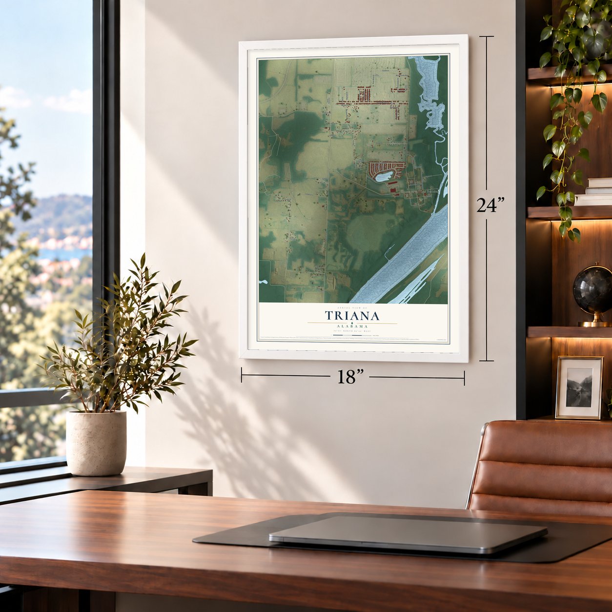 Triana, Alabama map, 18 x 24 inch print in a white frame in a home office