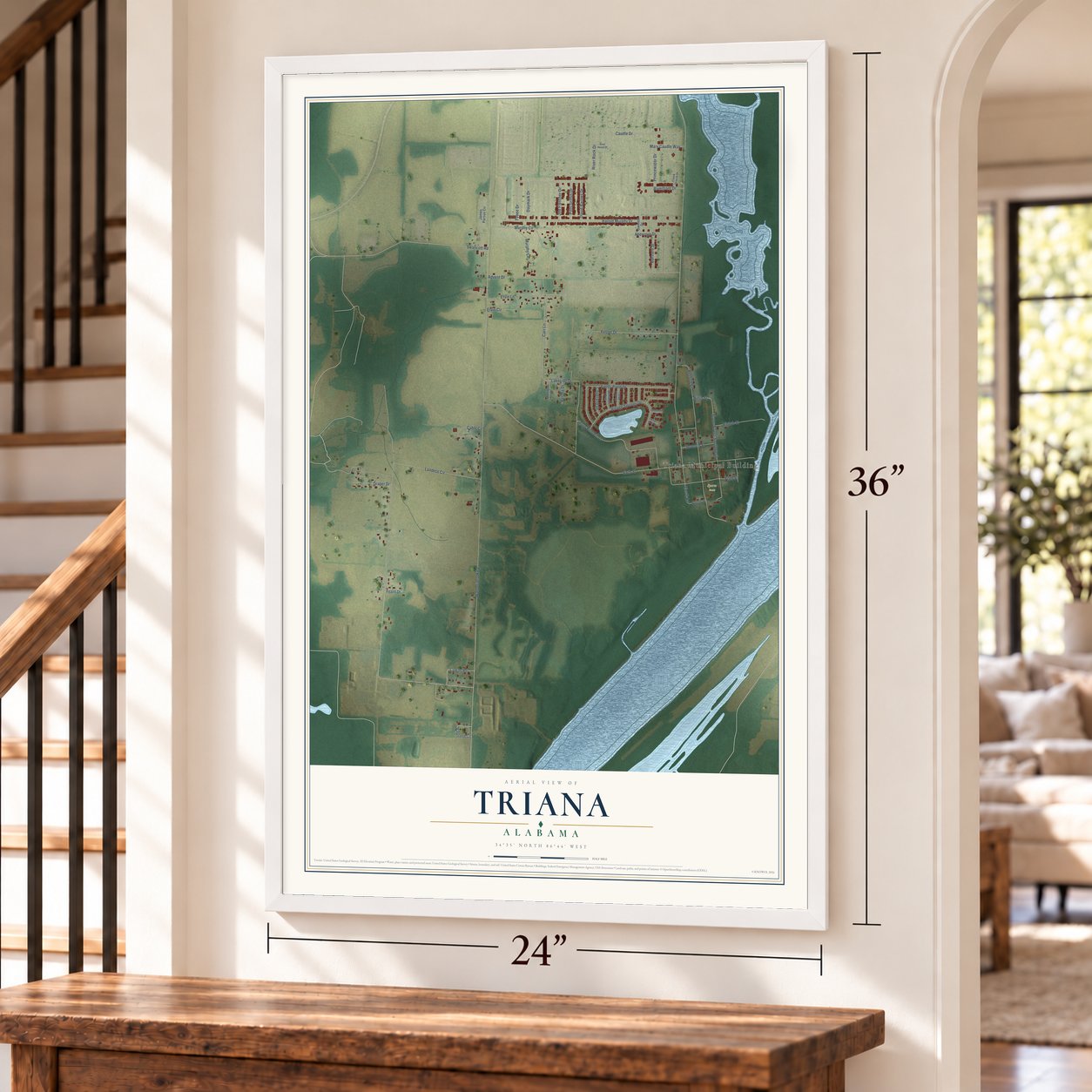 Triana, Alabama map, 24 x 36 inch print in a white frame by a staircase