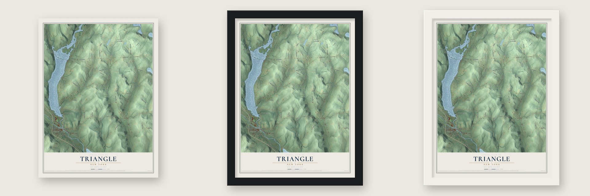 Triangle, New York map unframed, in a black wood frame and in a white wood frame