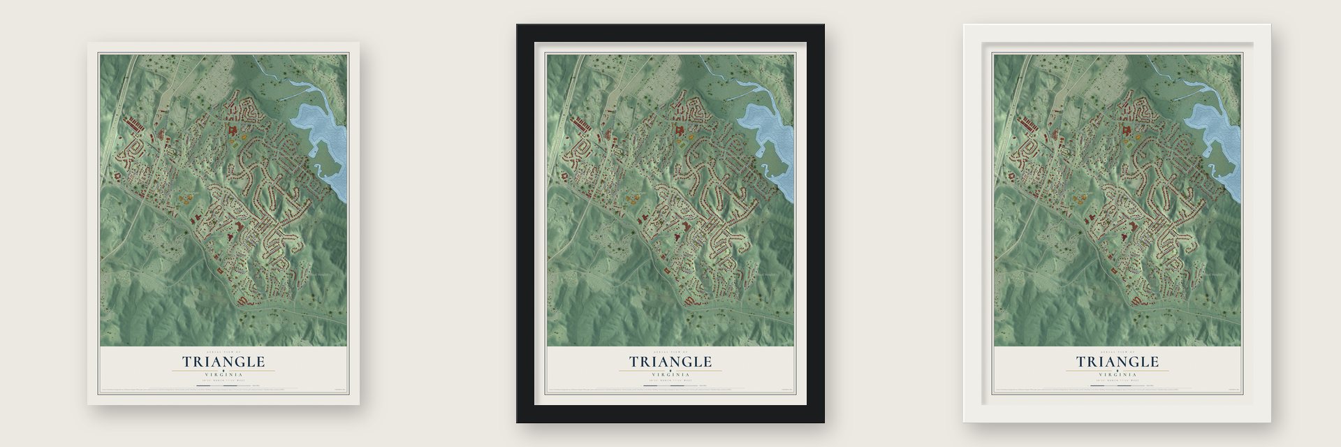 Triangle, Virginia map unframed, in a black wood frame and in a white wood frame