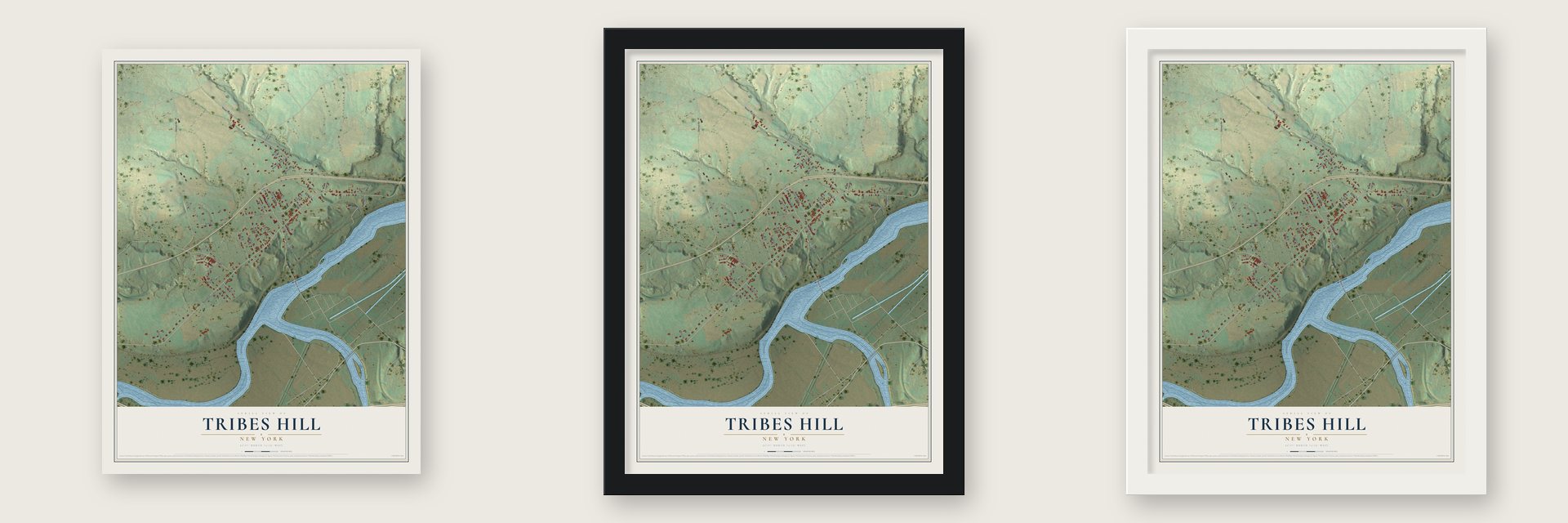 Tribes Hill, New York map unframed, in a black wood frame and in a white wood frame
