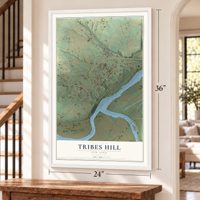 Tribes Hill, New York map, 24 x 36 inch print in a white frame by a staircase