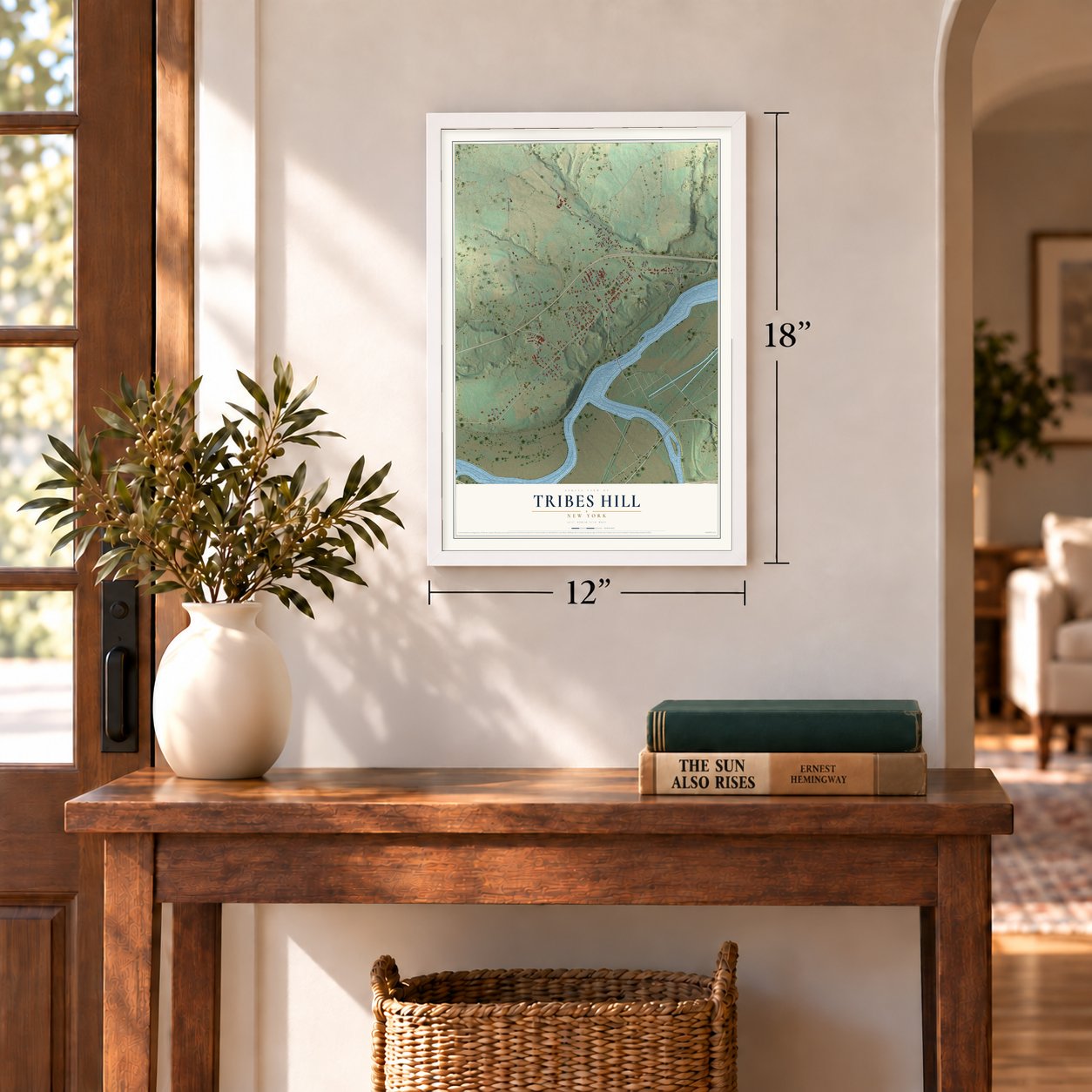 Tribes Hill, New York map, 12 x 18 inch print in a white frame in an entryway