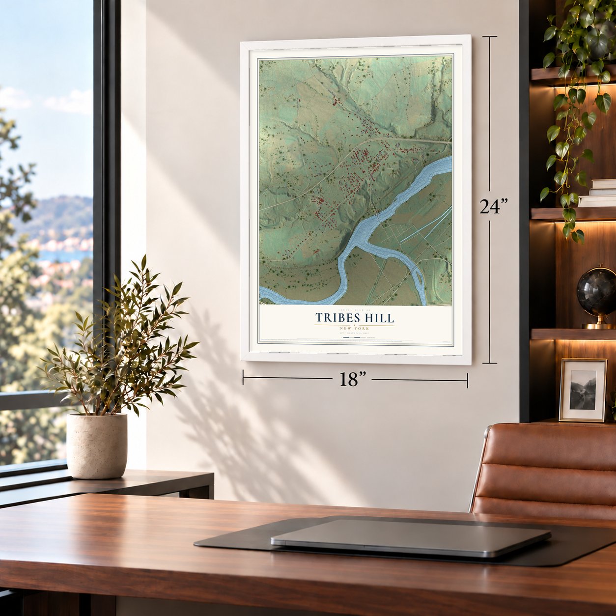 Tribes Hill, New York map, 18 x 24 inch print in a white frame in a home office